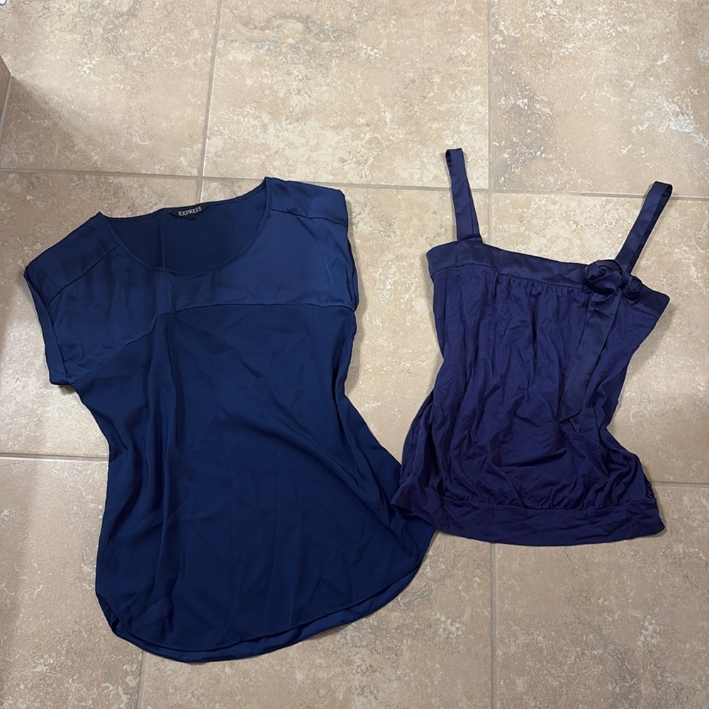 Two Navy Tops – Express Silky Short Sleeve & LOFT Floral Tank, Versatile Chic